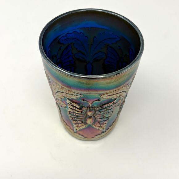 Antique Fenton Glass Cobalt Blue Carnival Glass Butterfly & Fern Tumbler #910 - Picture 4 of 8